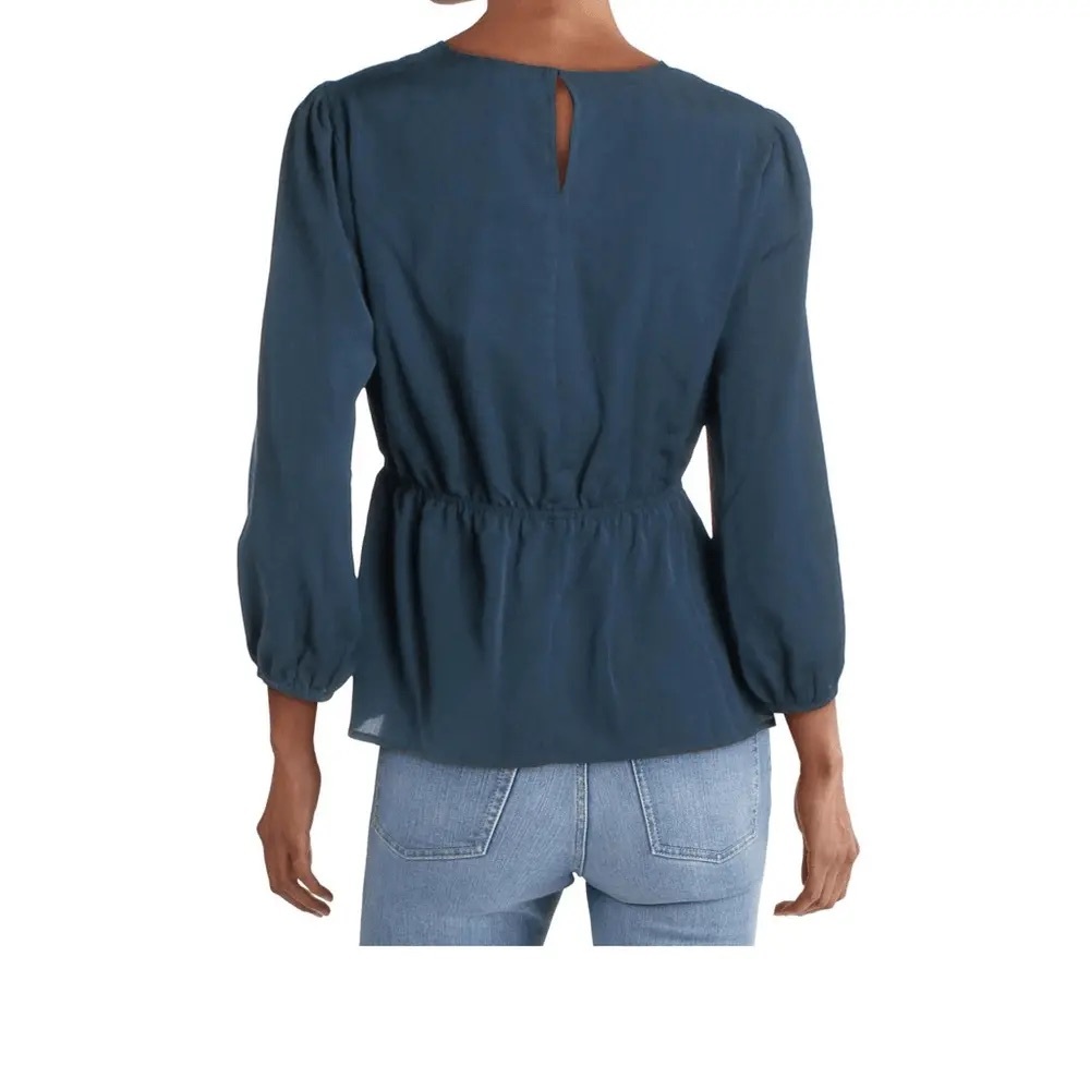 Bcbgmaxazria Ruched Bishop Sleeve Peplum Top Midnight Size XS NWT - Picture 3 of 12